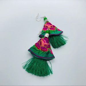 Embroidered Pink Rose Fringe Earrings